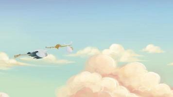 cicogna che vola tra le nuvole portando un bambino video