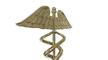 Ein goldenes medizinisches Caduceus-Symbol dreht sich auf einem weißen Hintergrund