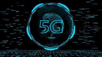 hud de 5g-technologie en de wereld digitale data cybertechnologie achtergrond. video