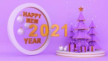 Happy new year two thousand twenty-one on purple background and pine trees. video