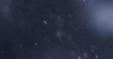 Detail of defocused snow falling on dark background in 4K