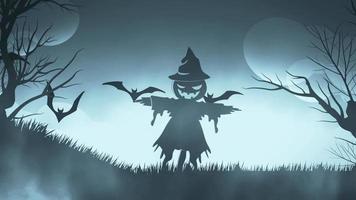 Halloween background animation with the concep of Spooky scarecrow and Bats blue foggy background video