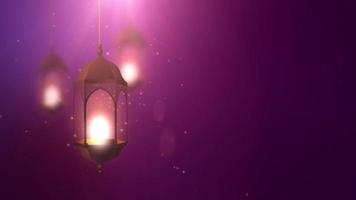 Ramadan candle lantern falling down hanging on string purple background video