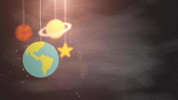 flat design planets falling down hanging on string black background star earth saturn video