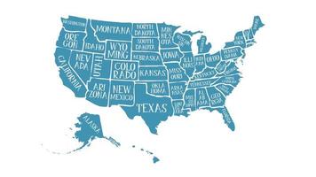 animação de mapa americano vintage com nomes de estados