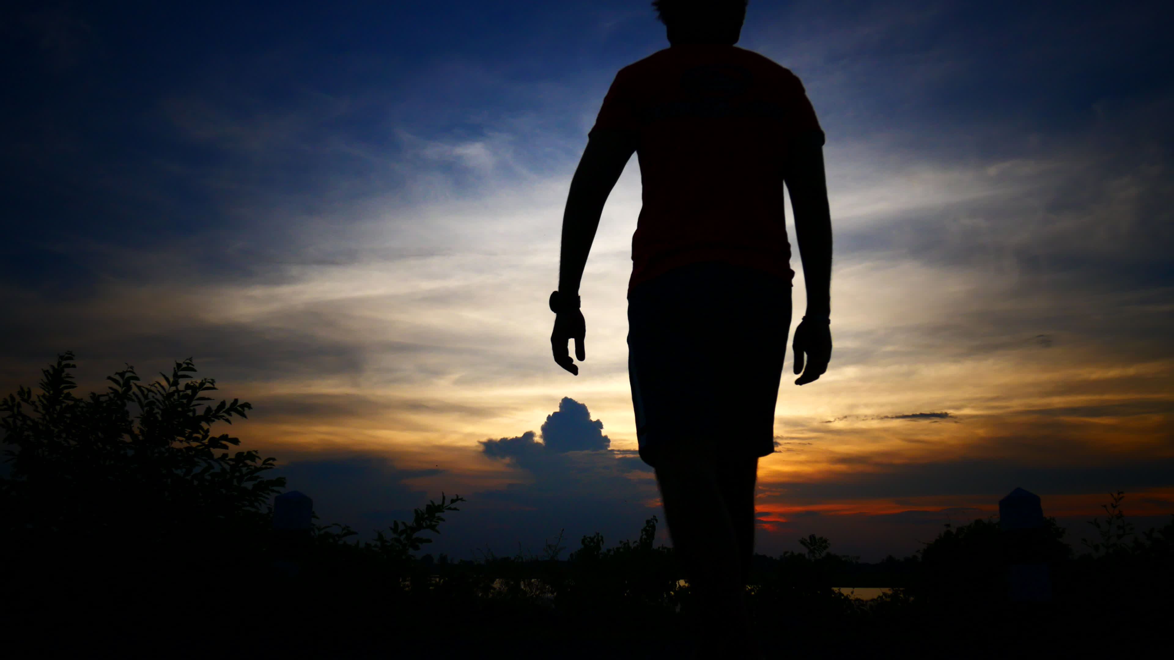 Silhouettes of a sad man with the background of the sunset sky. 1806541  Stock Video at Vecteezy