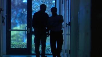 Businessmen walk and talk in hallway video