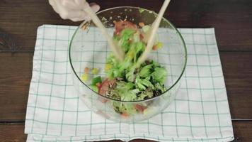 jeune chef lançant une savoureuse salade verte biologique. video
