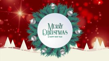 Merry Christmas greeting card animation red bokeh background trees snow video