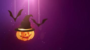 Halloween lila Hintergrundanimation mit Kürbis und Fledermäusen, die herunterfallen und an Schnüren hängen video