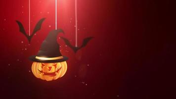 halloween röd bakgrundsanimering med pumpa och fladdermöss som faller ner och hänger på strängar video