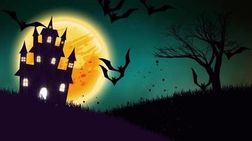 animering av ett spöklikt spökhus med jack-o-lantern halloween pumpor video