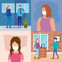 Scenes of people and children with face masks vector