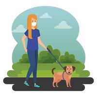 mujer joven paseando al perro al aire libre vector