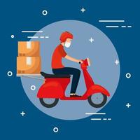 Motorcycle courier with face mask vector