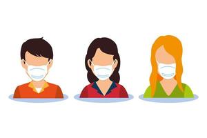 young people with face masks avatar characters vector