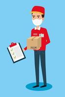 delivery worker wearing a face mask with package and clipboard vector