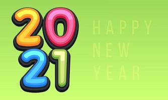 Vector Happy New Year 2021 cute greeting card for Children. Funny Alphabet Letters, Numbers, Symbols. Multicolored Font contains Graphic Style on green background