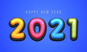 Vector Happy New Year 2021 cute greeting card for Children. Funny Alphabet Letters, Numbers, Symbols. Multicolored Font contains Graphic Style on blue background