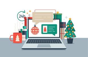 Navidad charlando en la computadora portátil. Mensajes de chat en la ilustración de vector de computadora en línea, área de trabajo de dibujos animados plana o computadora portátil de escritorio de trabajo con notificaciones de burbujas de chat