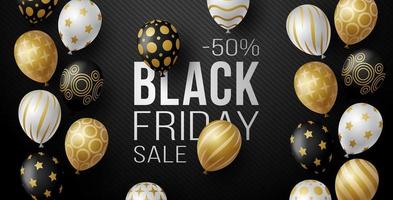 Black Friday Sale Horizontal Banner With Black, White and Gold Shiny Balloons on Black Background With Place for Text. Vector Illustration.