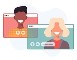 Illustration of two happy people talking via video call. Smiling men and women work and communicate remotely. Team meeting vector illustration in flat design