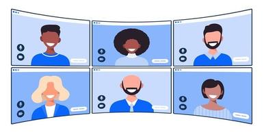 grupo de personas hablando en videoconferencia, distanciamiento social. ilustración vectorial de personas que tienen comunicación a través del sistema de teletrabajo. vector