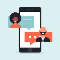People chatting on mobile. multicultural communication concept. Chat notification on phone, messages bubbles on screen with avatars. Cartoon flat Vector illustration.