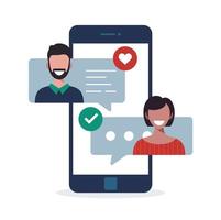 Online dating app concept with man and woman. Multicultural relationship flat vector illustration with woman and man chatting on phone screen.