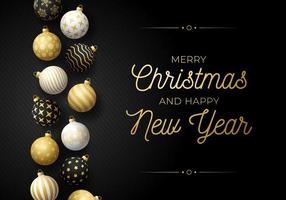 Luxury Christmas and new year horizontal greeting card with tree toy border. Holiday vector illustration with realistic ornate black, white and golden Christmas balls on black background.