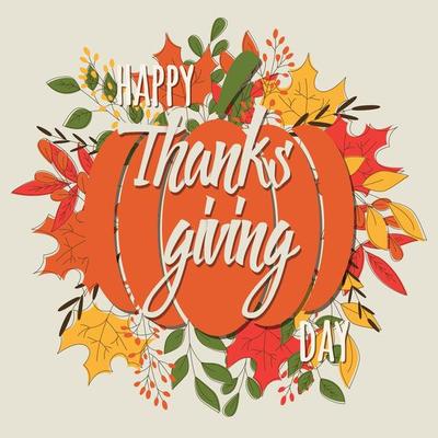 Happy Thanksgiving day card with decorative elements, colorful design.