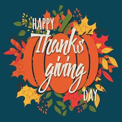 Happy Thanksgiving day card with floral decorative elements, colorful design.