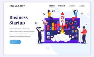 Landing page design concept of Business Startup. People working on the rocket launch. The development process, Innovation product, creative idea. Flat vector illustration