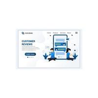 Customer reviews concept with characters. Positive feedback, satisfaction and evaluation for product or services. Modern flat landing page template design for website. Vector illustration