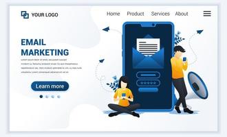 Landing page template of Email marketing services with people sitting and standing near giant smartphone. Modern flat web page design concept for website and mobile website. Vector illustration