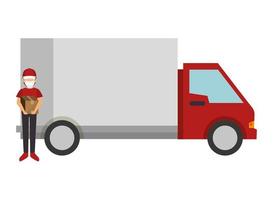 trabajador de entrega con mascarilla y paquetes y transporte en camión vector