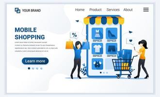 ilustración vectorial del concepto de compras en línea. mujeres jóvenes comprando productos en la tienda de aplicaciones en línea. diseño de plantilla de página de destino web plana moderna para sitio web y sitio web móvil. estilo de dibujos animados plana vector