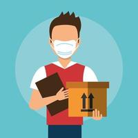 delivery worker with face mask holding a package vector
