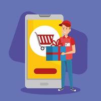 delivery worker with a face mask and smartphone with online shopping app vector