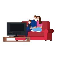 Campaña de quedarse en casa con la familia viendo la televisión. vector