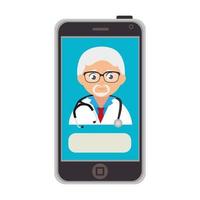 Medicina en línea con médico en el teléfono inteligente. vector