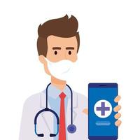 Medicina online con doctor y smartphone. vector