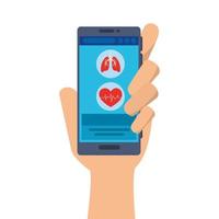 Medicina en línea a través de un teléfono inteligente con iconos de salud. vector