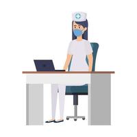 Female nurse on the desk wearing a face mask vector