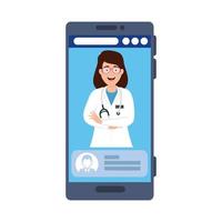 Medicina en línea con médico en el teléfono inteligente. vector