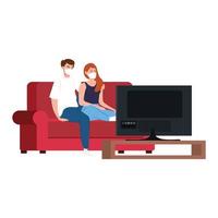 stay at home campaign with couple watching TV vector