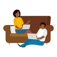 Men working with their laptops on the couch vector