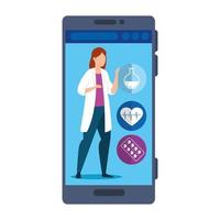 Medicina en línea con médico en el teléfono inteligente. vector