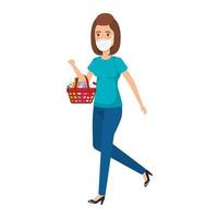 young woman with shopping basket and face mask vector