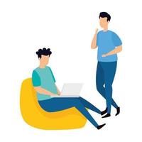 Man sitting on a bean bag talking with a man standing vector